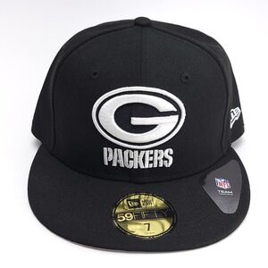 New Era 59Fifty Green Bay Packers Black‎ White 5950 Hat Cap Size 7 Fitted 55.8cm
